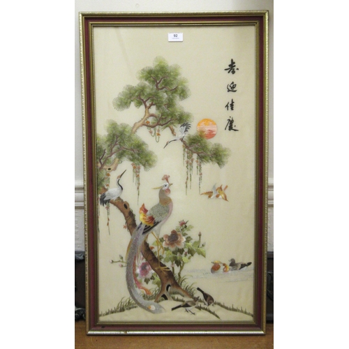 92 - 20th Century Chinese silkwork picture of birds and foliage, 79 x 42cm, framed, together with a pair ... 