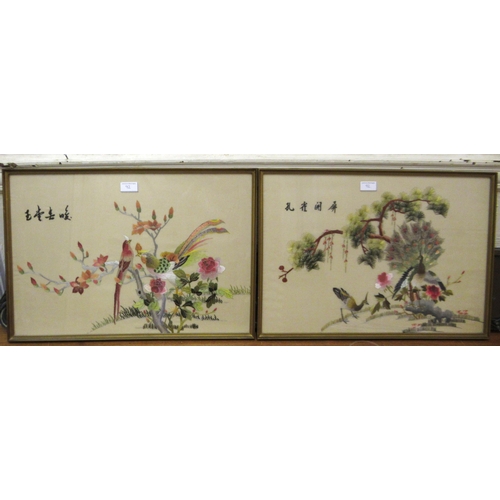 92 - 20th Century Chinese silkwork picture of birds and foliage, 79 x 42cm, framed, together with a pair ... 