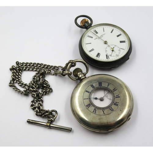 927 - Silver cased open face crown wind pocket watch, together with a silver cased half hunter pocket with... 