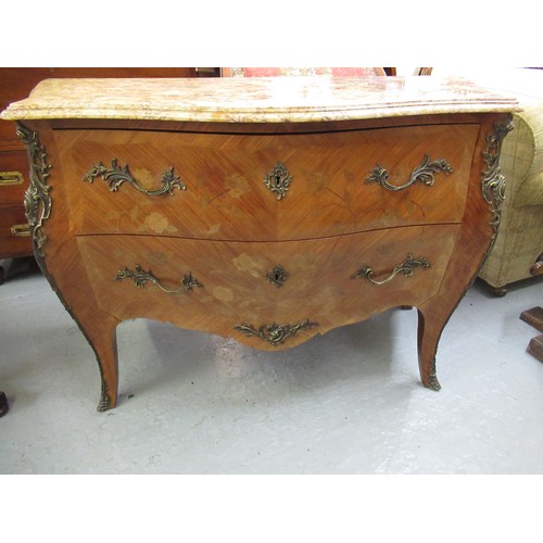 1952 - French kingwood marquetry and ormolu mounted commode, its marble top above two drawers on cabriole s... 