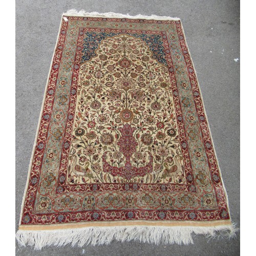 26 - Tabriz silk prayer rug of vase and floral design with multiple borders on a cream and pink ground, 1... 