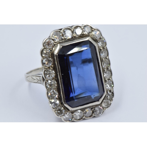 986 - Large antique 18ct white gold synthetic sapphire and diamond ring, the sapphire approximately 15mm x... 