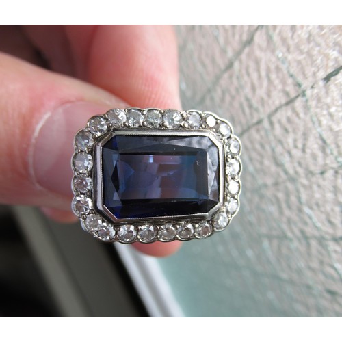 986 - Large antique 18ct white gold synthetic sapphire and diamond ring, the sapphire approximately 15mm x... 