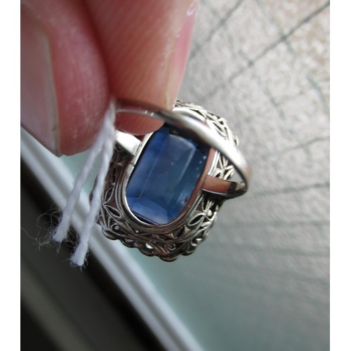 986 - Large antique 18ct white gold synthetic sapphire and diamond ring, the sapphire approximately 15mm x... 