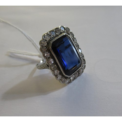 986 - Large antique 18ct white gold synthetic sapphire and diamond ring, the sapphire approximately 15mm x... 