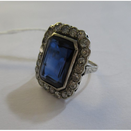 986 - Large antique 18ct white gold synthetic sapphire and diamond ring, the sapphire approximately 15mm x... 