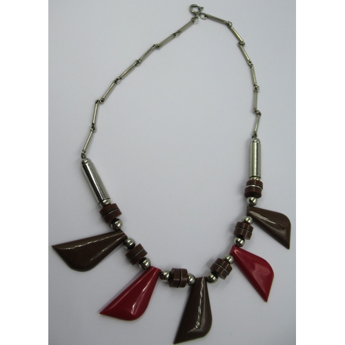 991 - Jakob Bengel chromium plated and two colour red and brown composite fringe necklet