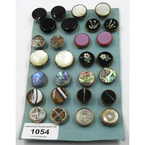 1054 - Fourteen pairs of various bachelors buttons in abalone, mother of pearl etc., mounted on a card