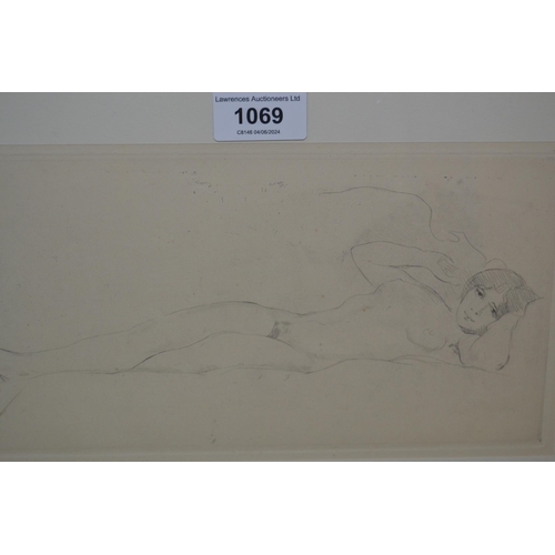 1069 - Etching, study of a reclining female nude, unsigned, 13 x 25cm, framed