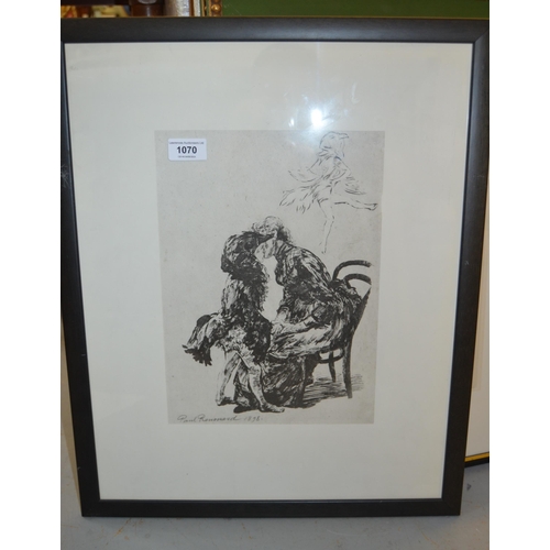 1070 - Paul Renouard, black and white print of two figures embracing, 32 x 22cm, framed