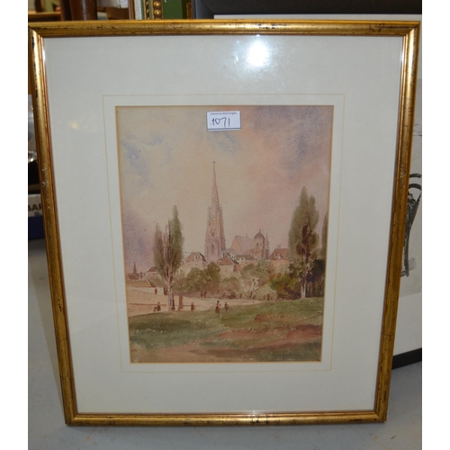 1071 - Watercolour, study of the cathedral, Seville, 1859, unsigned, 36 x 26cm, gilt framed together with a... 