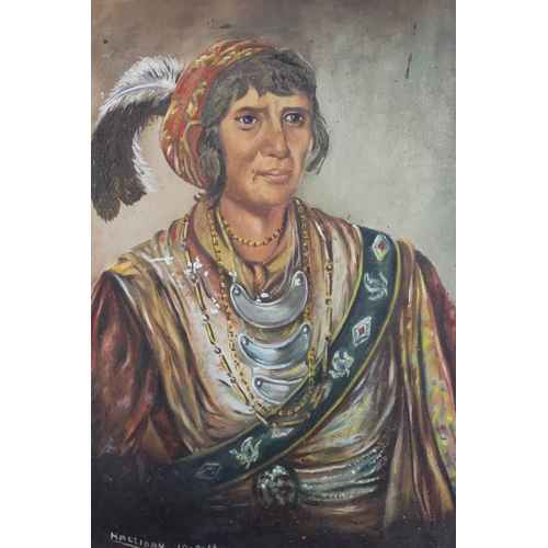 1072 - Oil on board, portrait of Semiole Chief Osceola, signed Halliday, dated 1966, 45 x 35cm, unframed