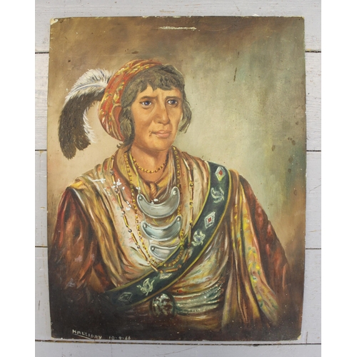 1072 - Oil on board, portrait of Semiole Chief Osceola, signed Halliday, dated 1966, 45 x 35cm, unframed