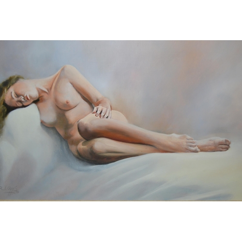 1075 - Paul Apps, oil on Masonite, reclining female nude, signed, signed again verso, 35 x 60cm, framed