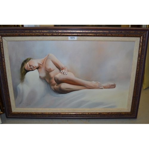 1075 - Paul Apps, oil on Masonite, reclining female nude, signed, signed again verso, 35 x 60cm, framed