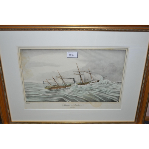 1112 - Framed engraving, rural amusement, after Lawrence, framed coloured engraving of the S.S. Great Brita... 