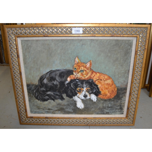 1143 - Jean Parry Williams, oil on canvas, study of a cat and dog, 35.5 x 45.5cm, gilt framed