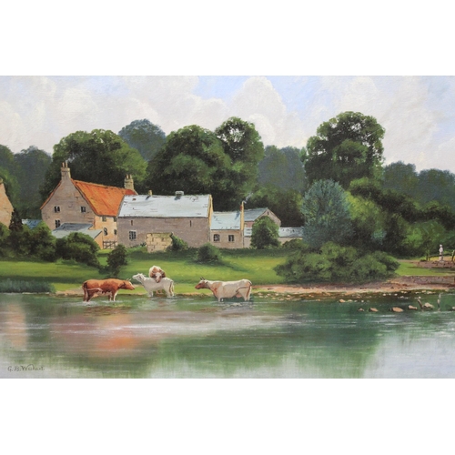 1188 - George Barclay Wishart, oil on canvas, river scene with cattle at water before farm buildings, signe... 