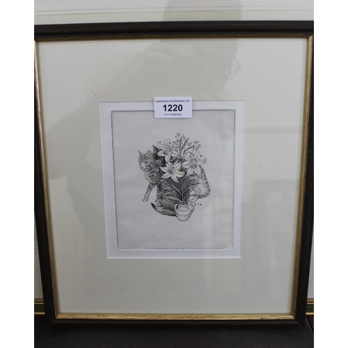 1220 - Robert Sargeant Austin, small framed engraving ' Cats and Lilies ', signed within the plate, 14.5 x ... 