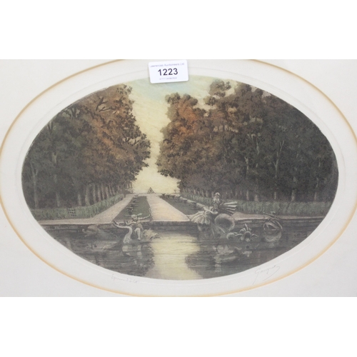 1223 - Two late 19th / early 20th Century French oval mounted signed etchings, gilt framed