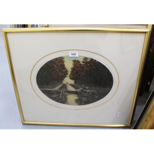 1223 - Two late 19th / early 20th Century French oval mounted signed etchings, gilt framed