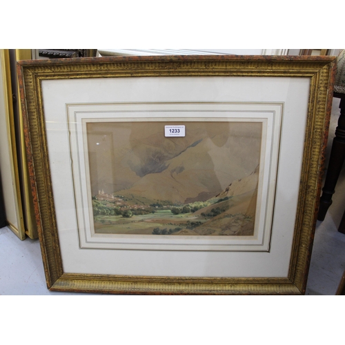 1233 - Watercolour, Continental alpine scene, indistinctly signed, gilt framed, together with a watercolour... 