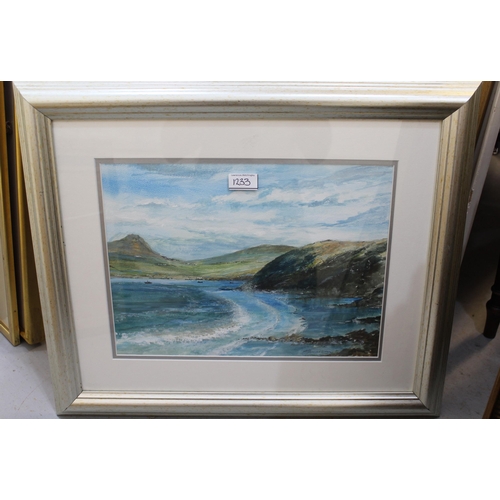 1233 - Watercolour, Continental alpine scene, indistinctly signed, gilt framed, together with a watercolour... 