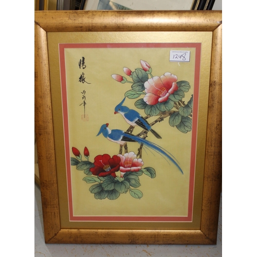 1248 - Pair of modern Chinese silk pictures, flowers and birds, 35 x 24cm, gilt framed, together with anoth... 