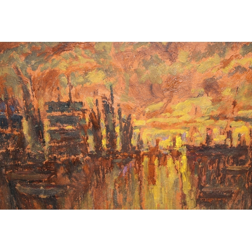 1254 - Oil on board, boats in a harbour at sunset, signed ' Isherwood ' verso, 34 x 48cm