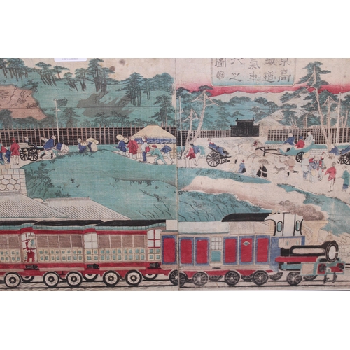 1291 - Utagawa Kuniteru, Japanese triptych woodcut, steam locomotive running on the Toyoko railroad, 33 x 7... 