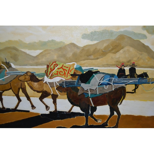 1295 - Lesley Giles, late 20th Century oil on canvas, ' First Caravan, Silk Road ', signed verso, 22cm fram... 