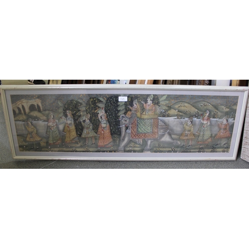 1300 - Indian watercolour on paper, figures in a procession, gilt framed, 17 x 34cm, together with another ... 