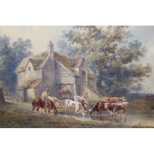 1327 - Henry Earp, pair of large watercolours, cattle watering with distant horse-drawn wagon, and another ... 