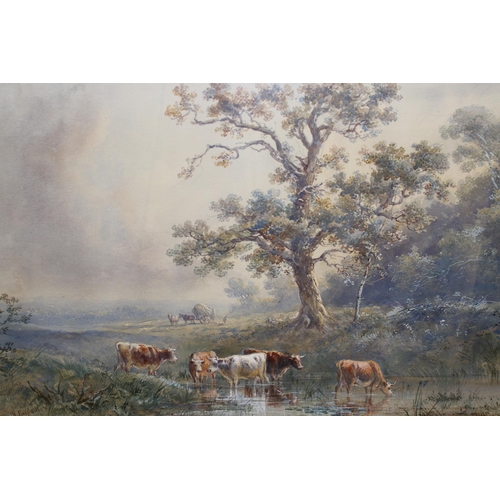 1327 - Henry Earp, pair of large watercolours, cattle watering with distant horse-drawn wagon, and another ... 