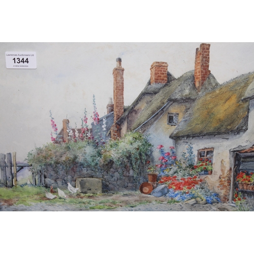 1344 - Lilian Stannard, watercolour, view of a row of thatched cottages with summer flowers and chickens to... 