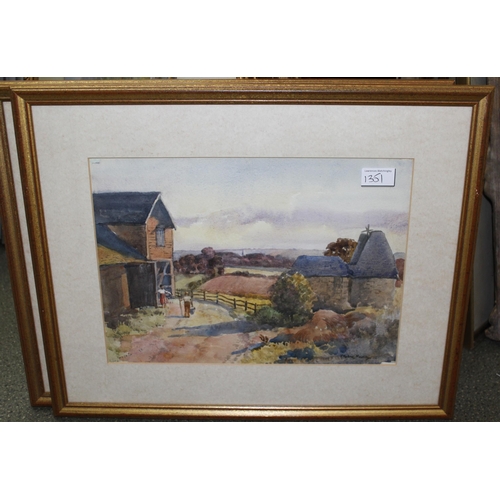 1351 - Oil on board, rural scene with church, signed Mag Whittington, together with two other watercolours ... 