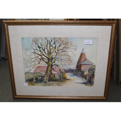 1351 - Oil on board, rural scene with church, signed Mag Whittington, together with two other watercolours ... 