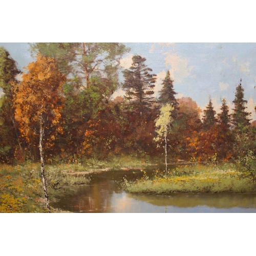 1355 - 20th Century oil on canvas, river scene with trees, indistinctly signed, 49 x 59cm together with an ... 