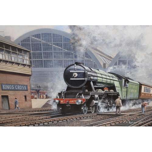 1377 - J.K. Byass, oil on board, Flying Scotsman 4472 leaving Kings Cross station, framed 50 x 75cm