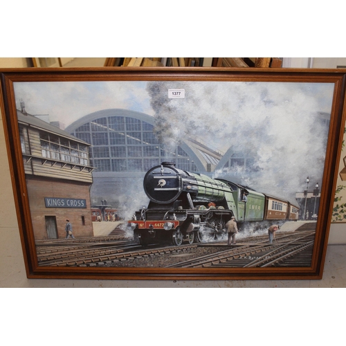 1377 - J.K. Byass, oil on board, Flying Scotsman 4472 leaving Kings Cross station, framed 50 x 75cm