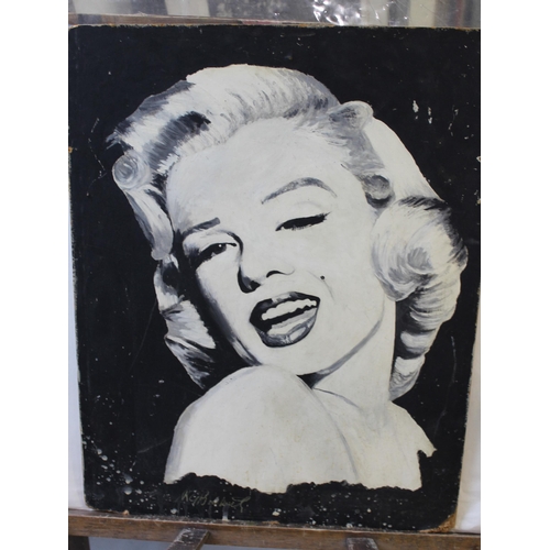 1378 - Monochrome mixed media on board, portrait of Marilyn Monroe, indistinctly signed, 49cm x 39cm