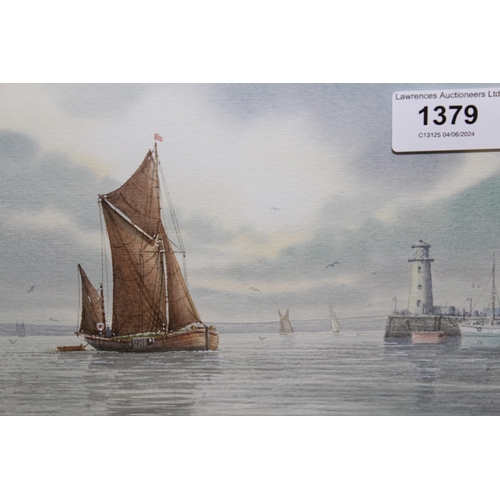 1379 - Pair of Alan Whitehead nautical watercolours with boats to the foreground, 14 x 20cm