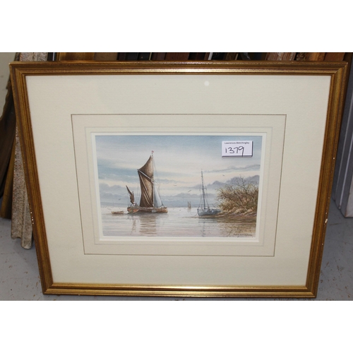 1379 - Pair of Alan Whitehead nautical watercolours with boats to the foreground, 14 x 20cm