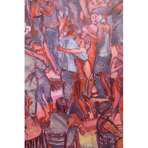 1399 - M. West, modern acrylic on canvas, figures at a dance, signed and dated 09, 65 x 55cm, in a painted ... 