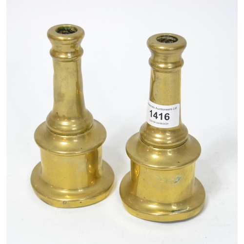 1416 - Pair of unusual antique brass candlesticks, 6.25ins high (one at fault)