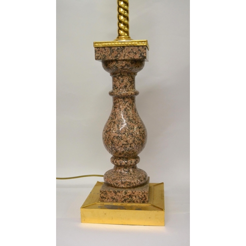 1419 - Set of four pink granite and gilt brass mounted baluster form table lamps, 70cm high excluding the l... 