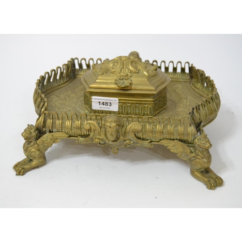 1483 - Ornate late 19th / early 20th Century French brass inkwell, the hinged cover enclosing two red glass... 