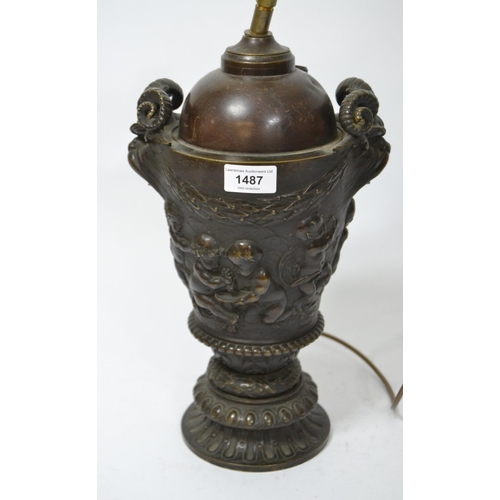 1487 - 19th Century bronze oil lamp base, after a design by Clodion, the mask head side handles above relie... 