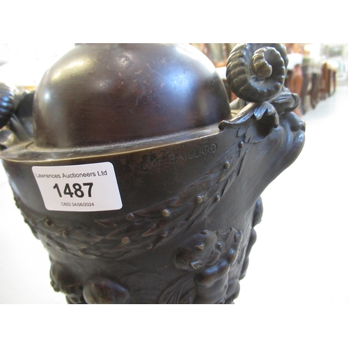 1487 - 19th Century bronze oil lamp base, after a design by Clodion, the mask head side handles above relie... 