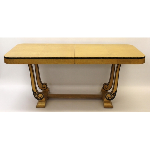 1577 - Art Deco burr walnut and satin birch extending dining table with ebonised highlights, 8ft long x 3ft... 